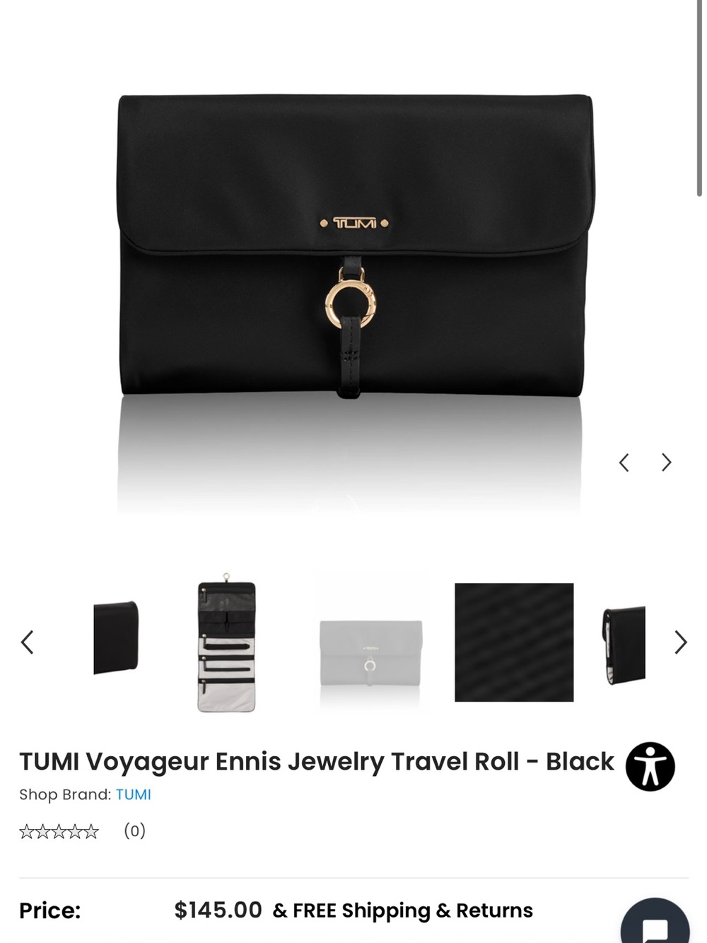 TUMI Black Jewelry Travel Roll with Gold Hardware NEW